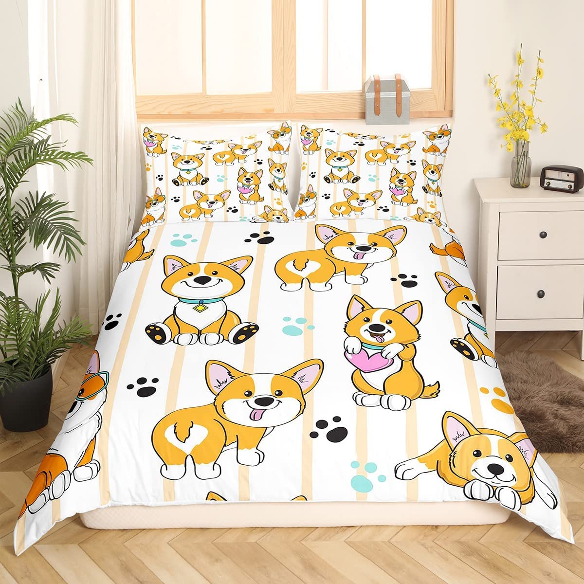 Corgi duvet omslag Set King Queen Size Polyester Comporter Cover för barn pojkar flickor sängkläder set med örngott söt kawaii hund