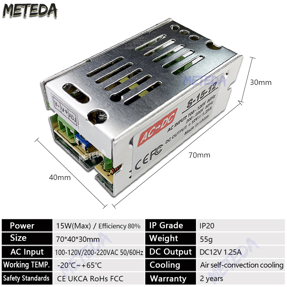 Mini tamanho de comutação de LED Fonte de alimentação 12V 1.25A 15W Adaptador de energia do transformador de iluminação AC110V-220V para DC12V Driver de LED G4 MR11