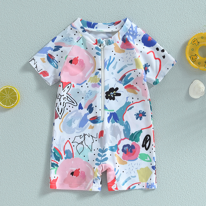 Småbarn Baby Boy Girls 1-stycke Badkläder Rompers Kort ärm Akvarell Print dragkedja Baddräkt Simning Jumpsuits