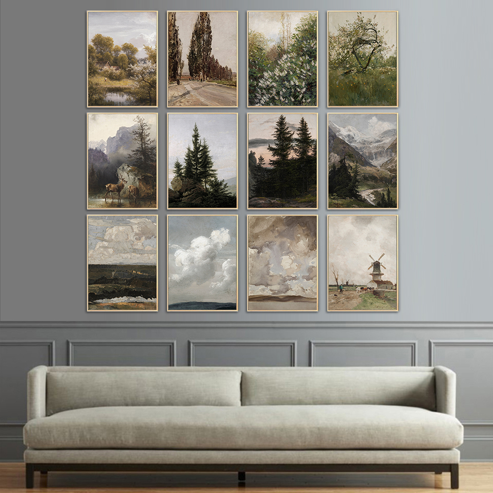 Vintage Forest and Deer Print Sky Lakescape Decor Neutral Village Abstract Digital Print Painting Nursery Wall Art for Home