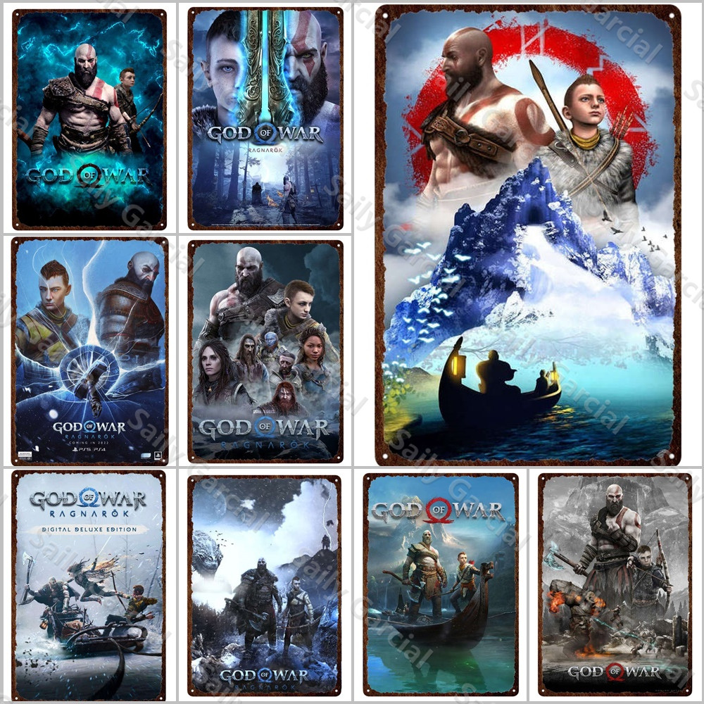 God of War Ragnarok Inspired Metal Plates Plaques de jeu classiques Vidéo Affiches Affiches de la barre de pub Pub Signe Metal Decor Wall Tin Plaques