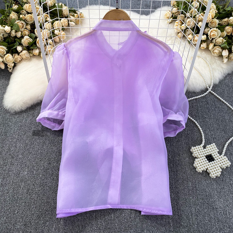 Kvinnor Sexig se genom vackra blusar 2023 Sume Short Sleeve Organza Ruff Shirts kvinnliga skjortor och blus toppfria kläder