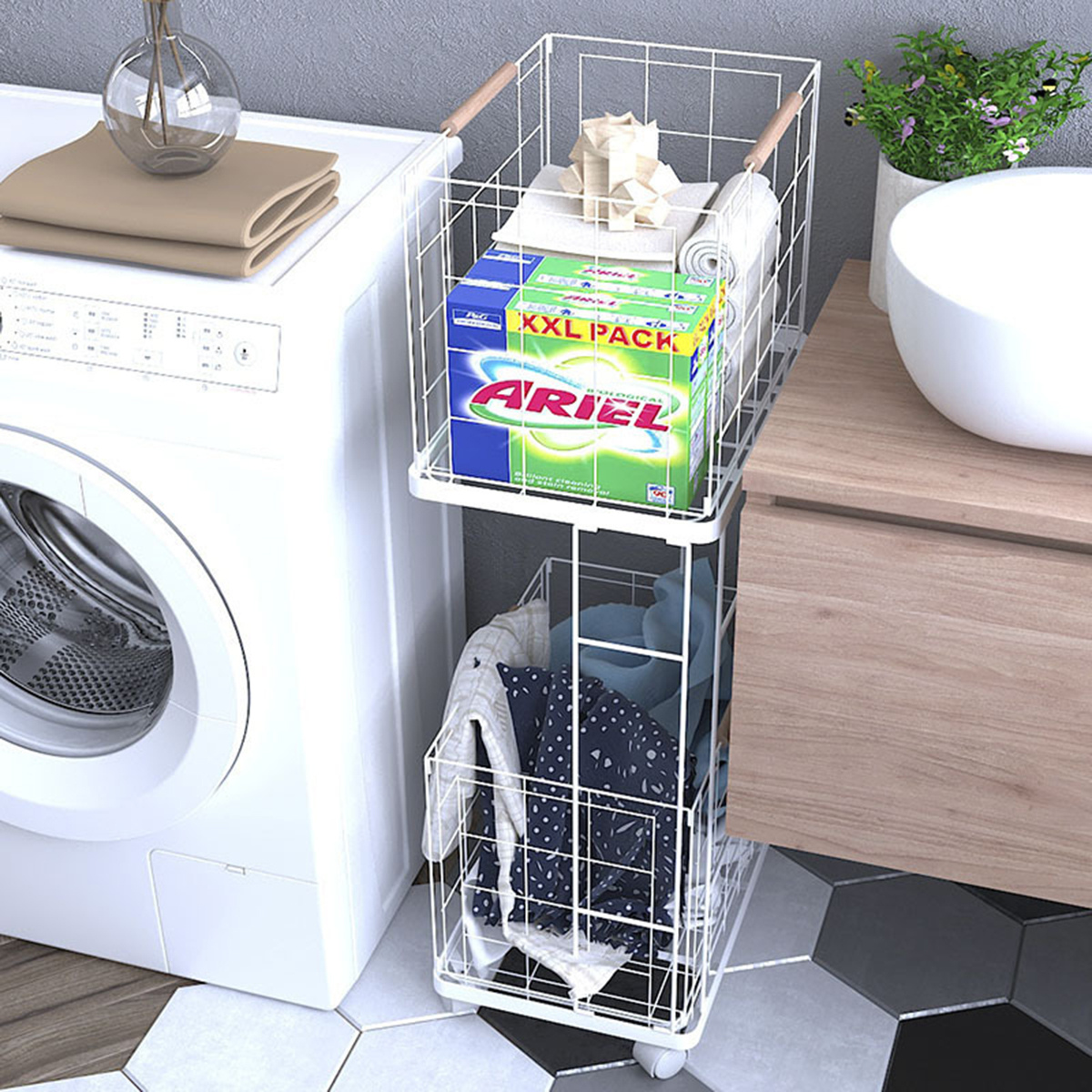 2-Tier Wire Laundry Basket, Metal Large Laundry Basket Bulter, Foldable Rolling Sorter Cart, Hamper with Wheels, White