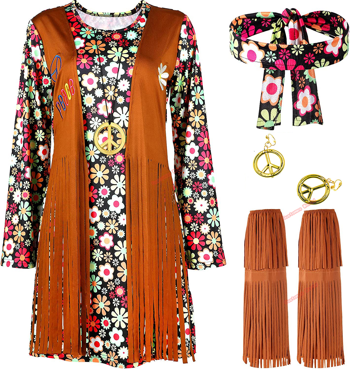 Costume hippie Donne Peace Love Girls Party anni '60 anni '70 Hippie Stage Wear Costume Nappe indiane Accessori le prestazioni hippie