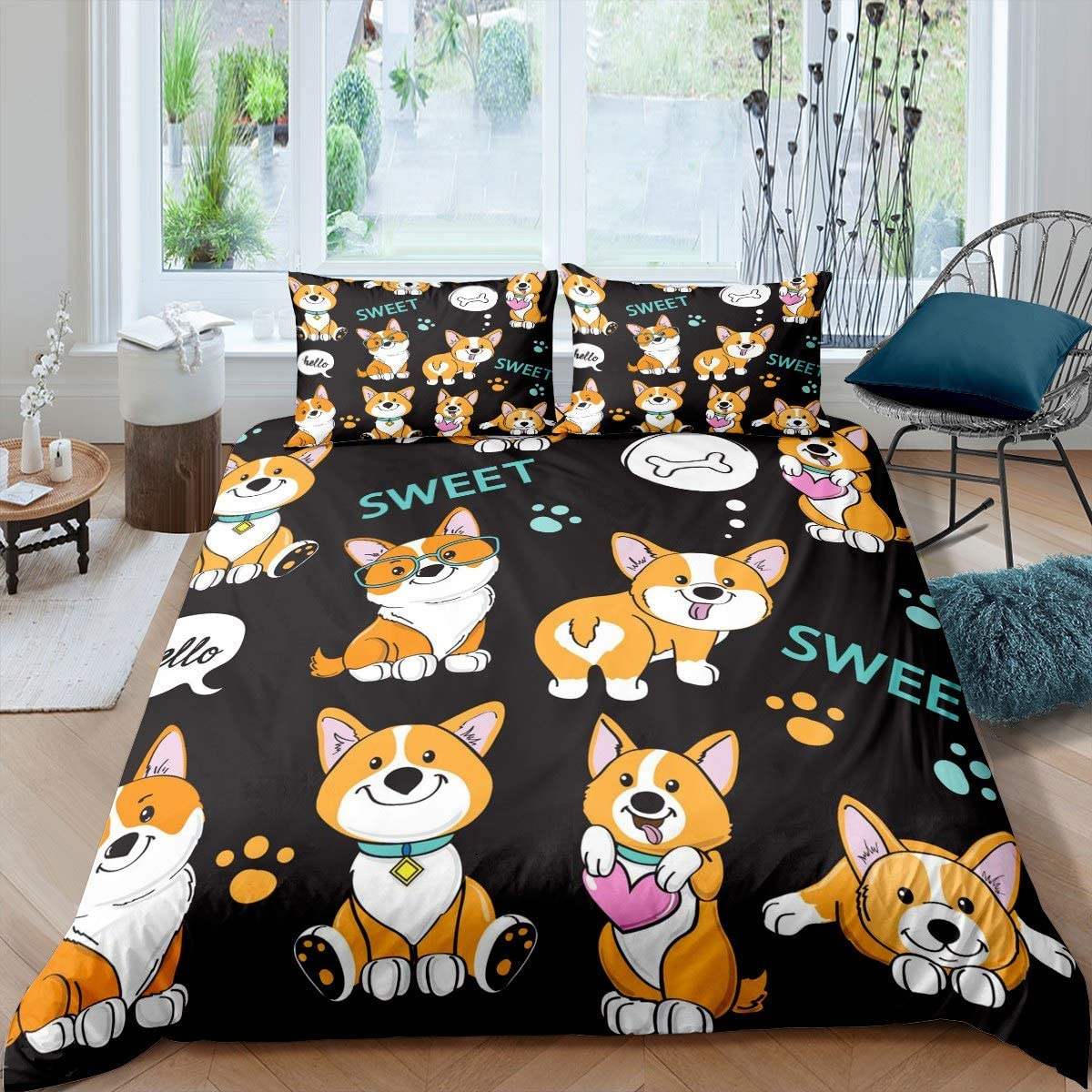 Corgi duvet omslag Set King Queen Size Polyester Comporter Cover för barn pojkar flickor sängkläder set med örngott söt kawaii hund