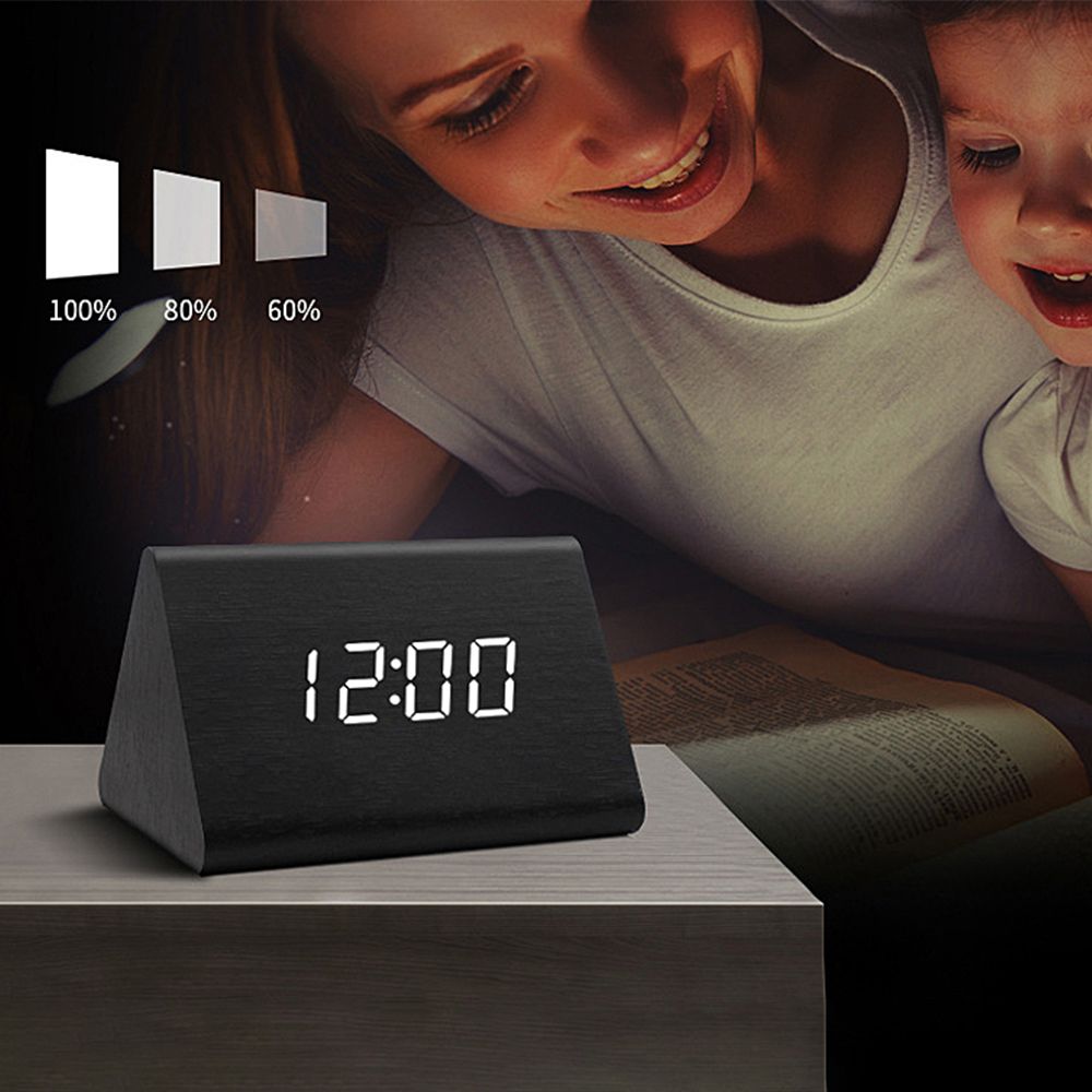 Triangle Digital Clock LED Wooden Alarm Clock With Night Light Sound Control Electronic Clocks Desktop Home Table Decoration