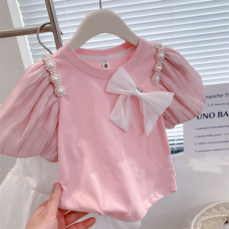 Girls Clothing Set 2023 Summer New Girls Baby Streaming Pearl Short Sleeve T-shirt Yarn Skirt Pants Set for Children