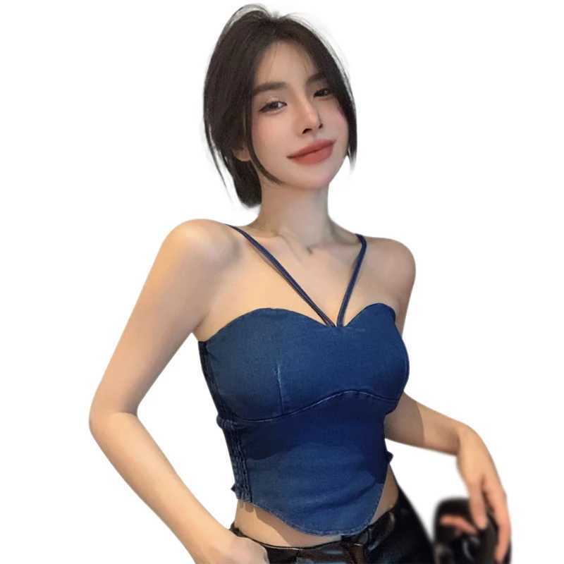 Kadın Tankları Camis Kadın Sıkı Takım Korse İnce ve Seksi Düz Renk Önlüğü Yaz Denim Yeleği J240409