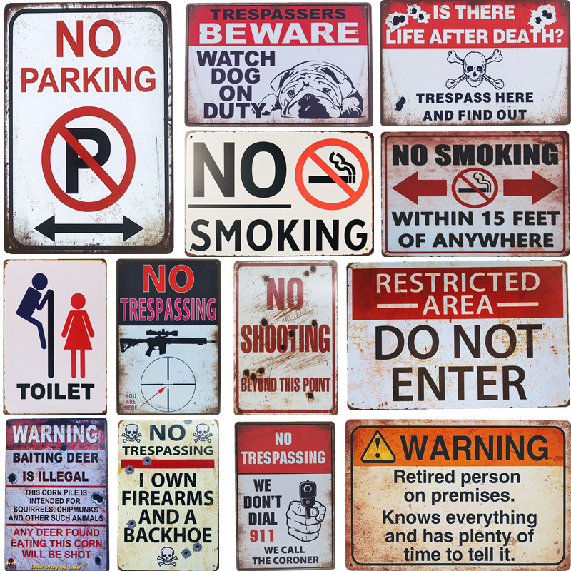 Vintage Metal Tin Signs Warning No Parking Toilet Danger No Stupid People Art Poster Plaque Pub Garage Wall Decor