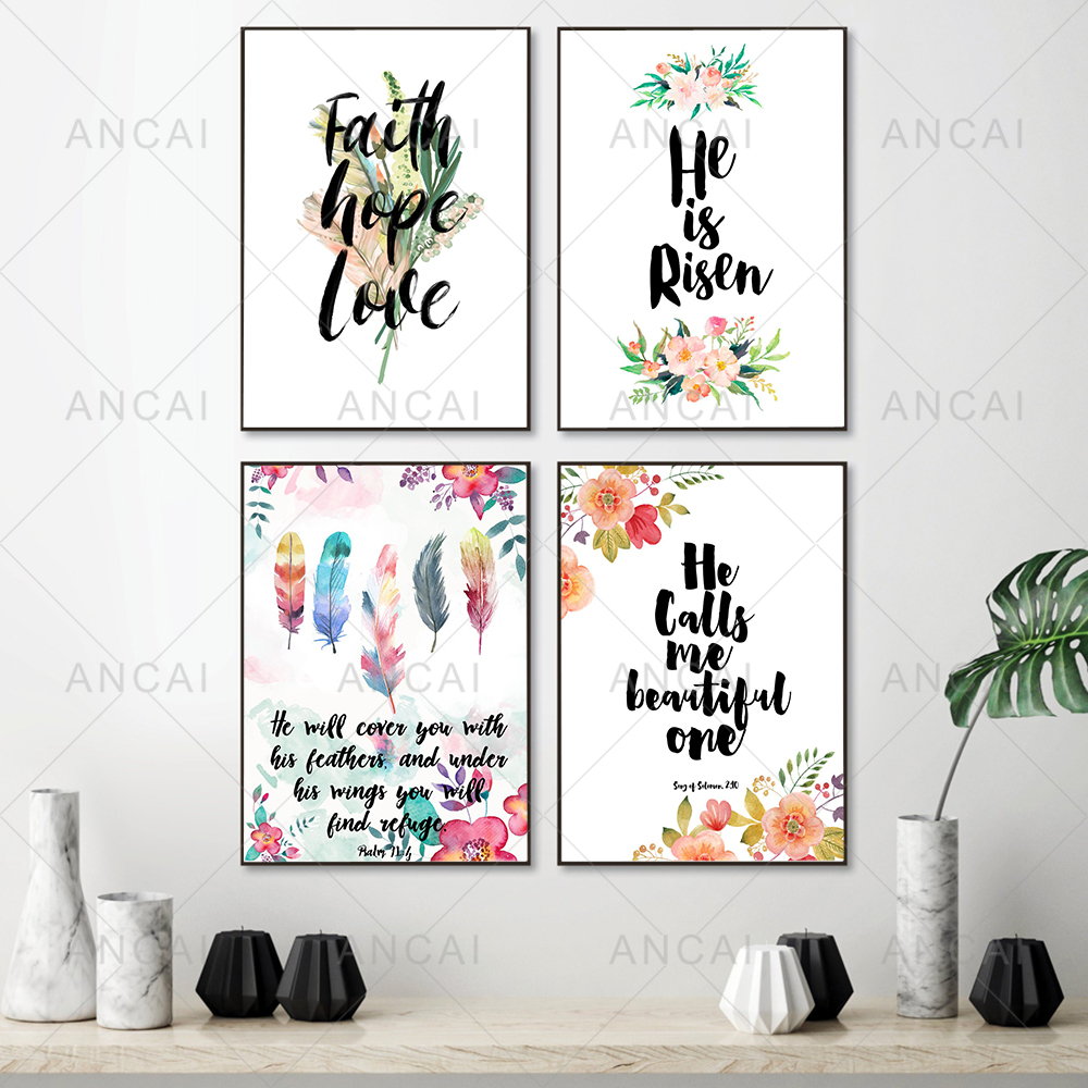 Faith Hope Love Quote Bible Verse Art Affiche imprimé toile peinture de style nordique Pictures de plumes pour le salon décor chrétien