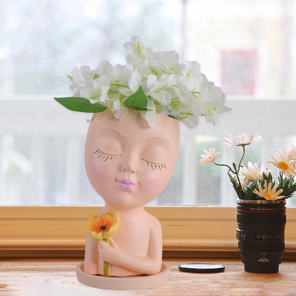 Girls Face Head Flower Planter Closed Eyes Figure Sculpture Planters Pot with Drainage Holes Cute Resin Flower Pot Home Supply