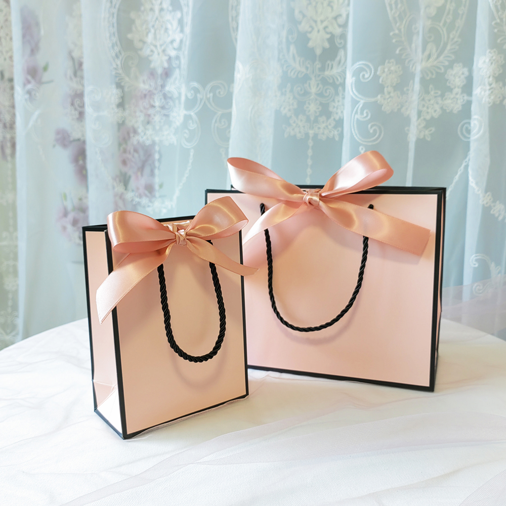 Gift Bag Packaging gift Box Bridesmaid Wedding Ornament Pink Kraft Paper Bag Party For Baby Shower Book With Handle Ribbon