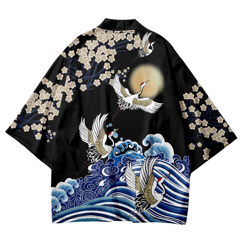 Flewing Flower Crane Wave imprimé cardigan noir surdimensionné Haori Women Men Harajuku Kimono Cosplay Blouse Yukata Clothing