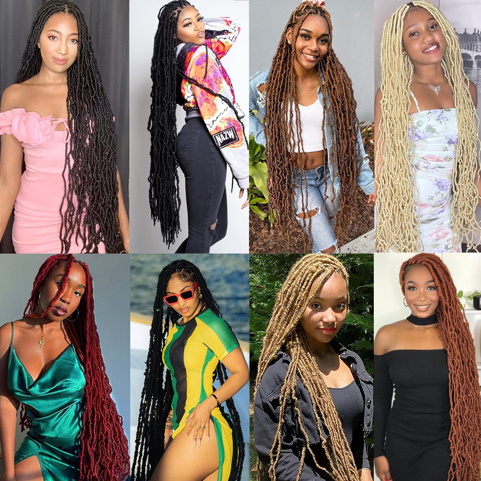 Super Long Faux locs virka 36 tum ombre blond gröna faux locs virkning hår ingefära kungblå mjuka faux lås virkade flätor