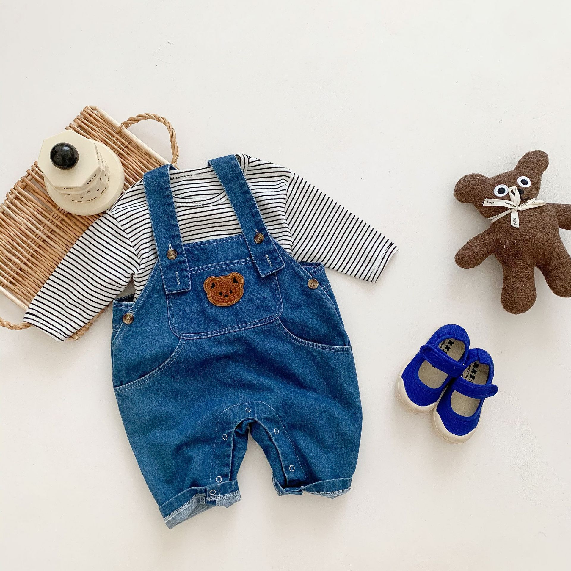 Visgogo Baby Lente herfstkleding Beer borduurwerk denim jumpsuit zwart gestreepte bodem t -shirt baby jongens meisjes schattig set