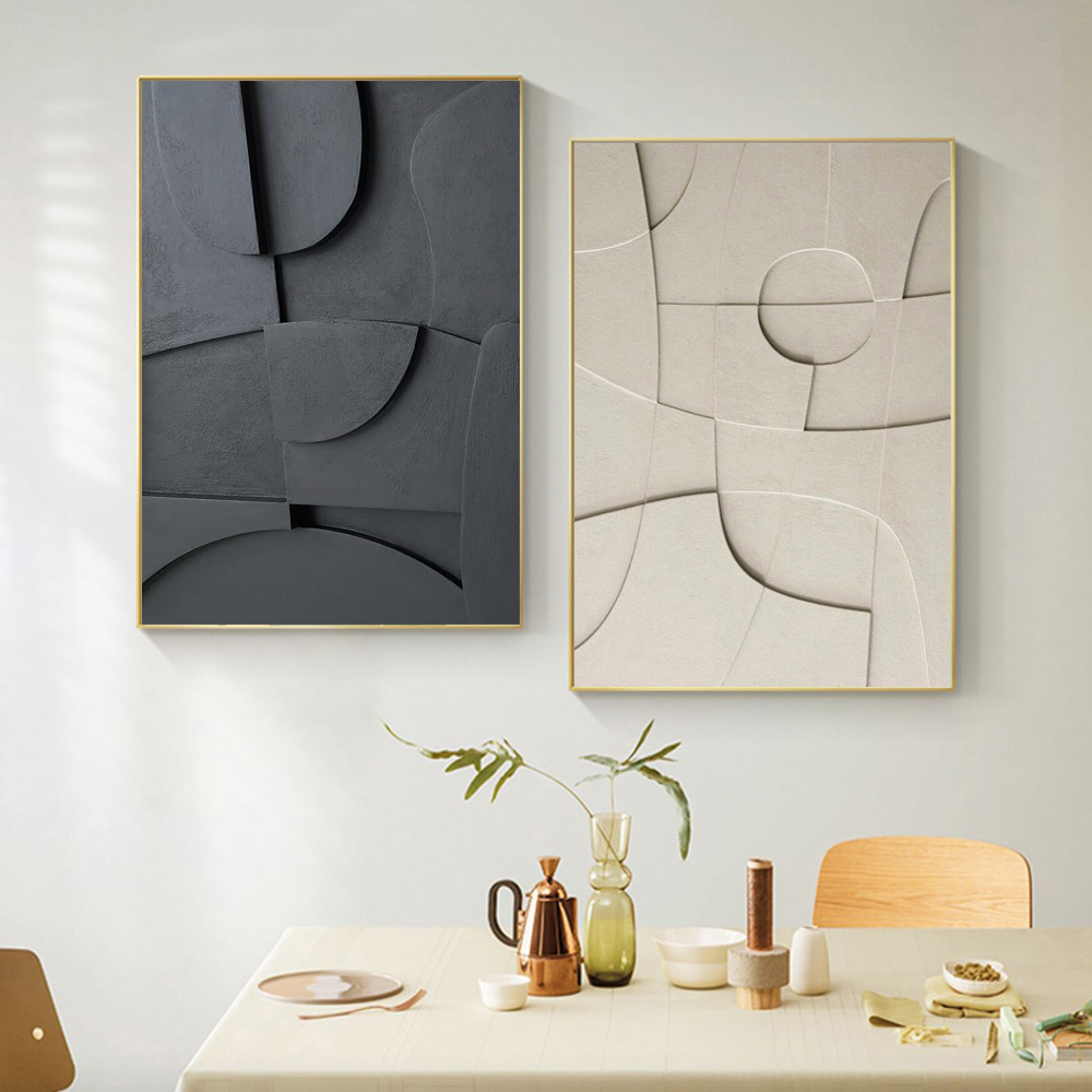 Zwart en wit abstractte textuur 3d geometrie kunst schilderen op toivas moderne minimal décor de décoration de mUur sculptuale images d'affiches