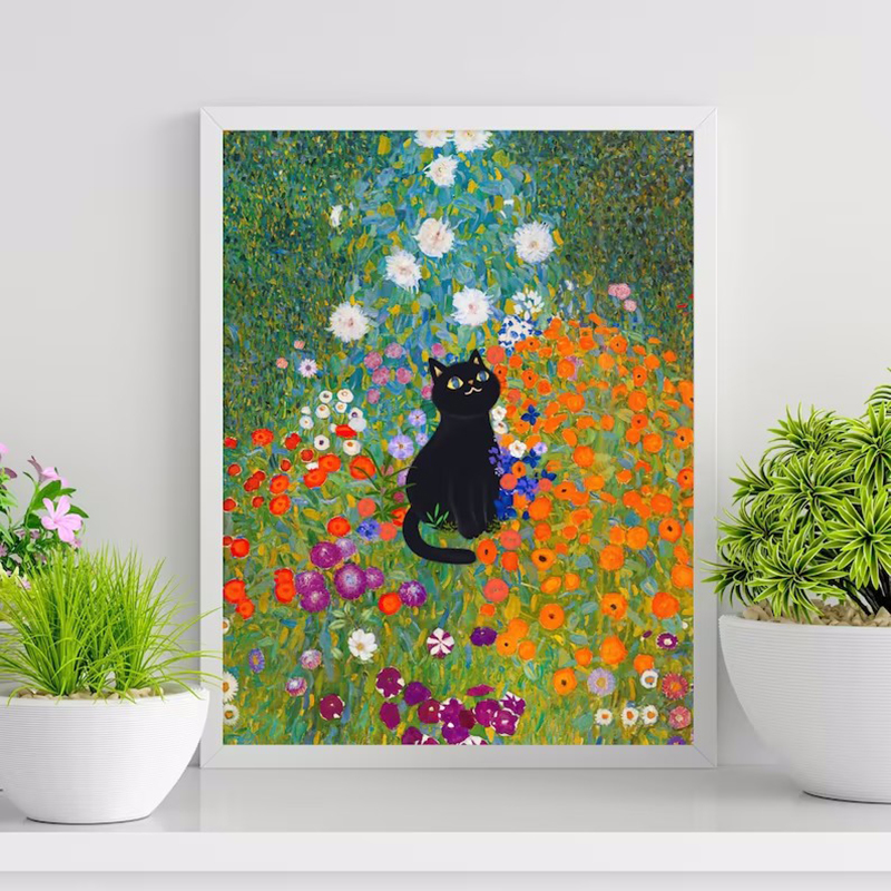 Gustav Klimt Garden Flower Black Gat Poster Gatto dipinto ad olio di pittura Funny Cat Floral Wall Art for Gallery Aesthetic Room Decoration