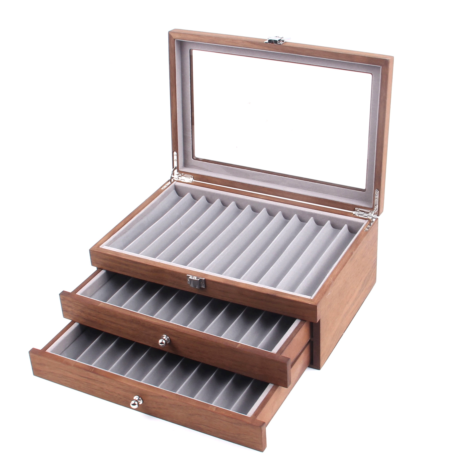 Coleccionista de lápiz de la fuente de madera con la caja de exhibición de lápiz de 3 capas 34 Pen organizador de bolígrafos Organizador de almacenamiento de la vitrina con vidrio