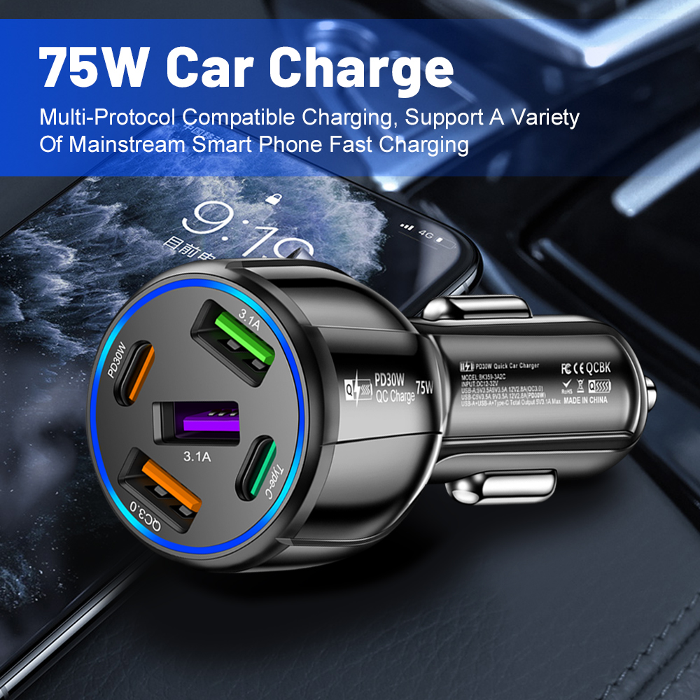 5 Ports 75W Car Charger USB 3.1A Type-C USB QC3.0 PD30W Phone Charger DC12-32V for Apple Android Mobile Devices