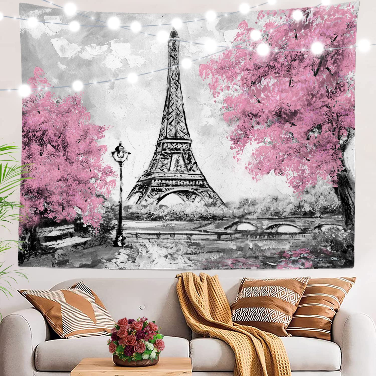 Peinture à l'huile Paris Eiffel Tower Tapestry City European City Landscape Mur suspendu rose Tapisserie Salon Home Decor Dorce