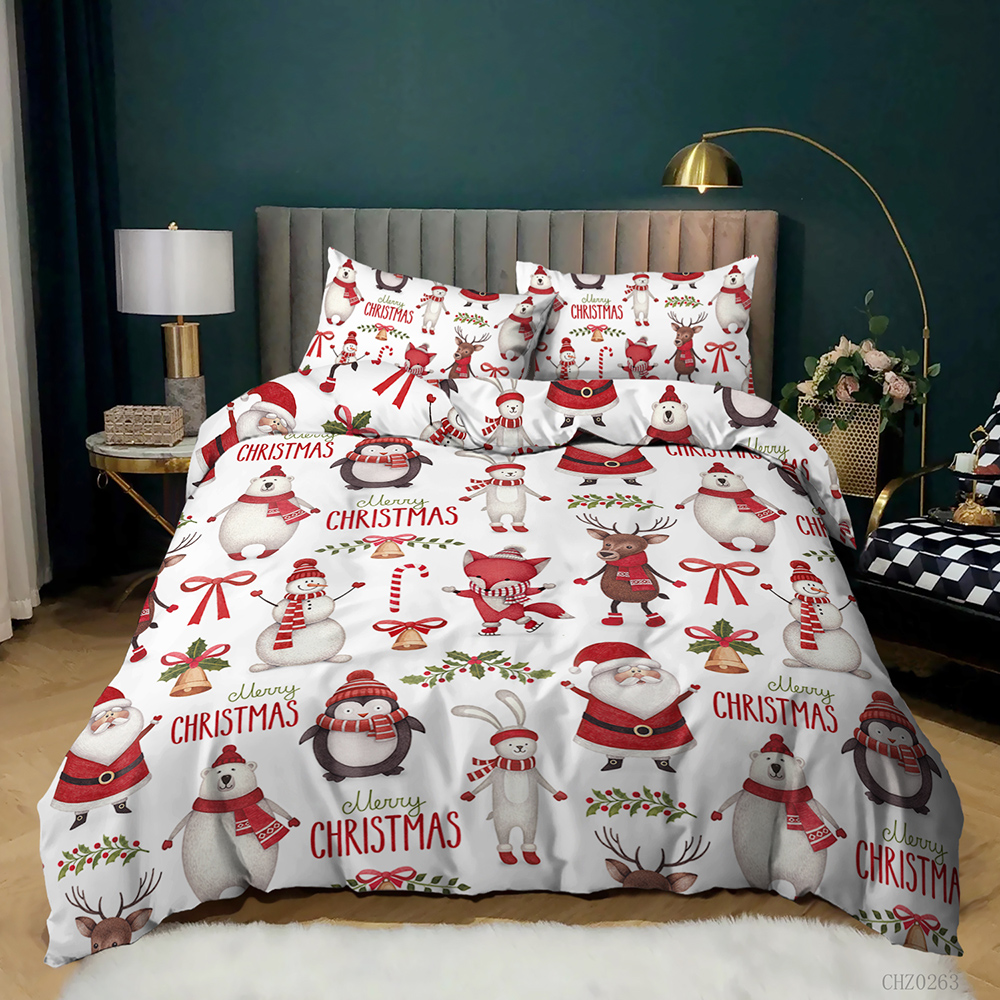 Julens täcke omslag Set Winter Snowman Santa Claus Christmas Stocking Bedding Set Double Queen King Size Polyester Qulit Cover