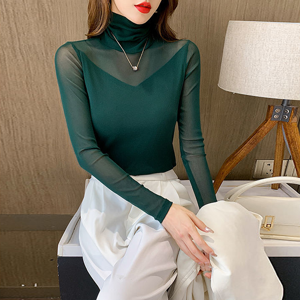 New Turtleneck Long Sleeve Women Perspective Sexy T-shirt S-2XL Blue Red Green Long Sleeve Slim Stretch Tops Ladies Sheer Tees