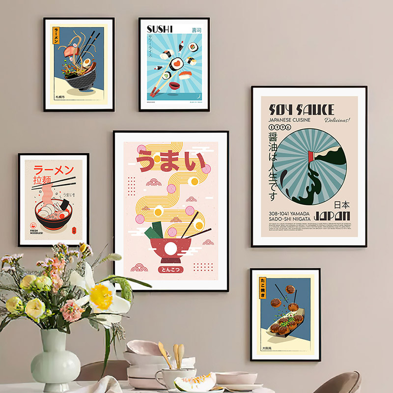 Японская пищевая плакат забавная рамена лапша суши кухонная стена настенная печать картины картинки для ресторана домашний декор кудрос