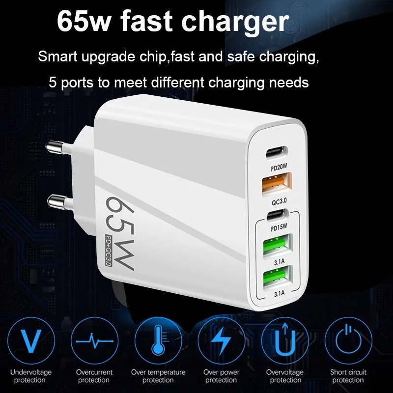 65W PD USB Type C Charger Quick Charge 3.0 5 Port Phone Charger Adapter For iPhone 12 13 14 Pro max Samsung Xiaomi Huawei Phone Adapter US EU UK plug with box