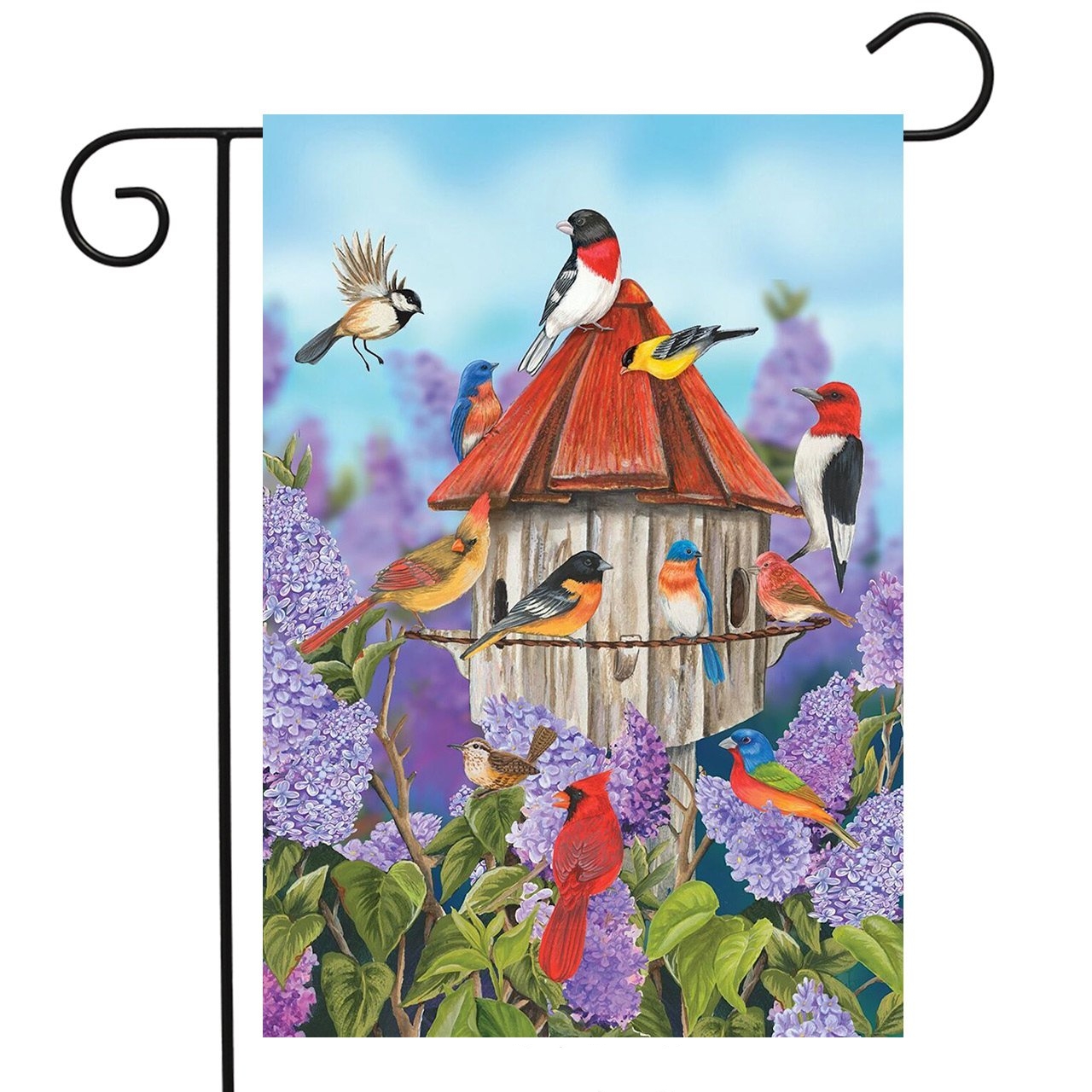 Fåglar och lila Spring Garden Flag Birdhouse Purple Floral Cardinal House Flags Double Sided Polyester Decorative Flag för Yard