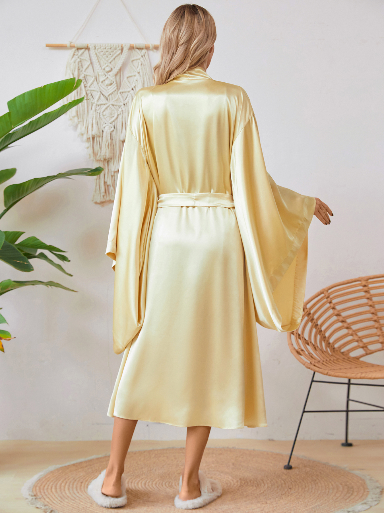Graceful Female Silk Like Bathrobe Pure Color V Neck Nightgown Wraps Lounge Wear Home Clothes Customized Plus Size
