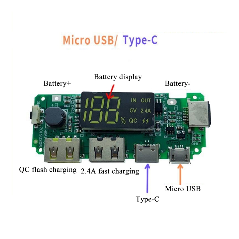 5V 2a /5v 2.4a duplo USB /tipo-C /micro USB Mobile Power Bank 18650 Bateria de lítio Display Display Charging Charger Board Board