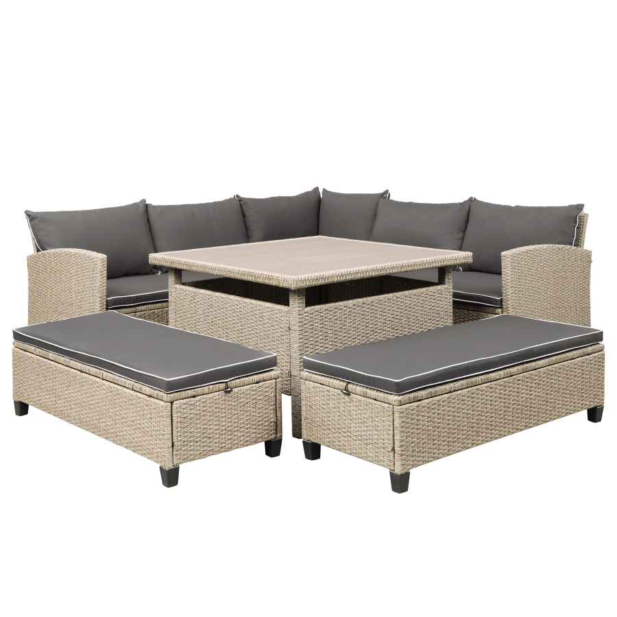 6-Piece Patio Furniture Set Outdoor Wicker Rattan Sectional Sofa with Table and Benches for Backyard, Garden, Poolside