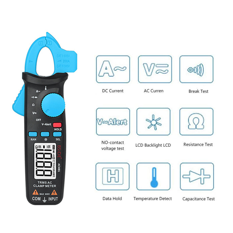 Bside ACM81 Digital Clamp Miernik Auto-Rang TRMS 1MA Dokładność 200A prąd prąd DC AC multimetr TEMPERATURY TEMPERATURY DIODE