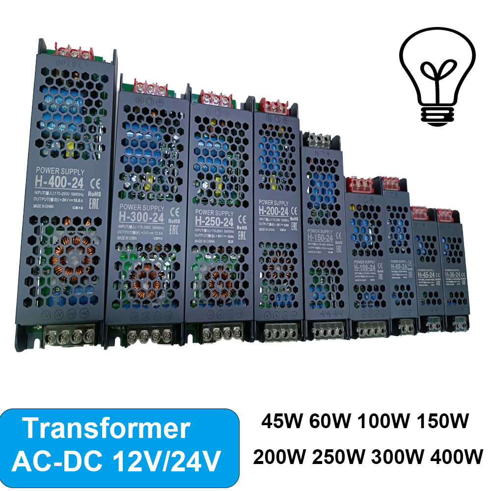 Transformateur d'éclairage ultra mince 220V 24V 12V DC 400W 300W 250W 200W 150W 100W 60W 45W 36W Alimentation LED