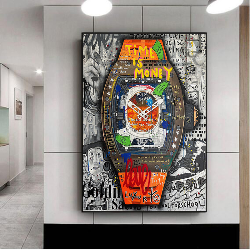 Motiverende straatgraffiti -kunstposter en printstijd is geld luxe horloge canvas schilderij voor woonkamer thuis muur decor