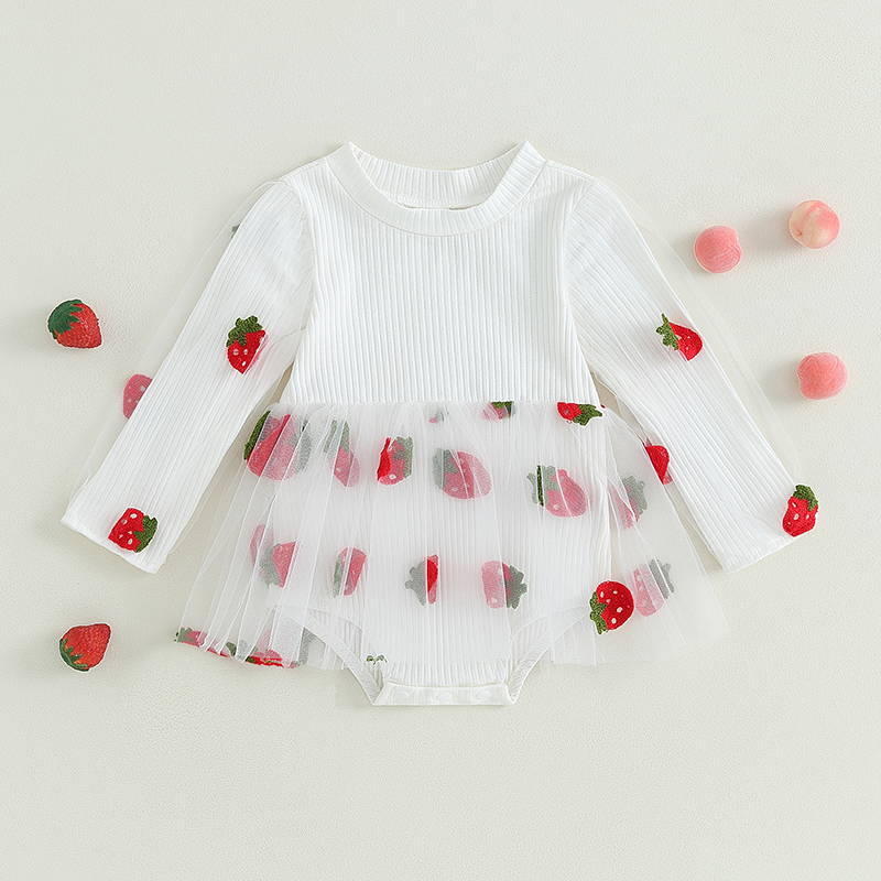 EWODOS Toddler Infant Girls Bodysuits Sweet Strawberry Print Tulle Mesh Patchwork Long Sleeve Jumpsuits Dresses Kid Fall Clothes