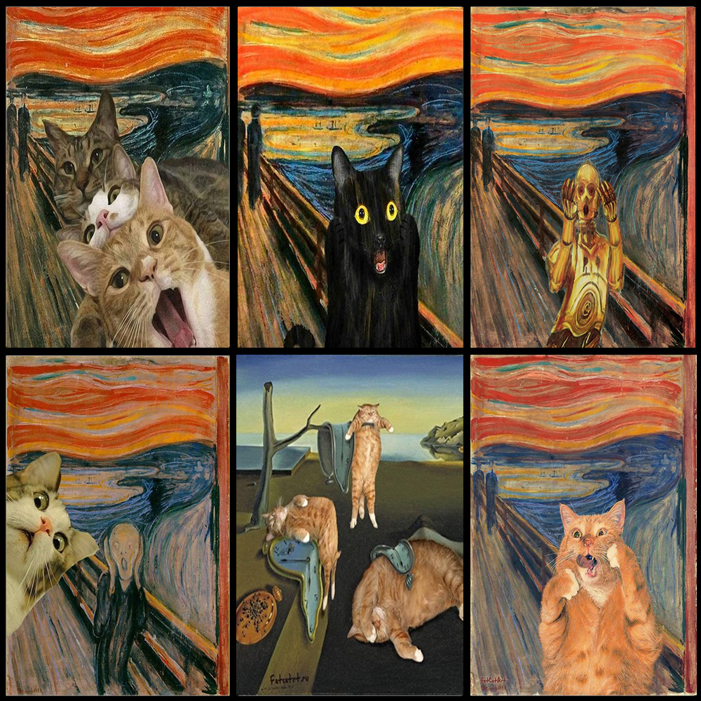 The Scream von Edvard Munch norwegischer Schriftsteller kreativer Graffiti Katze Leinwand Malerei Abstraktes Kunst -Poster -Druck Wandraum Wohnkultur