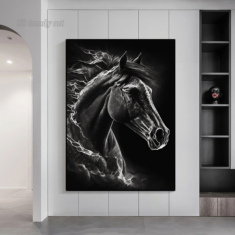 Beautiful Horse Abstract Art Canvas Painting Black ,white Horse Poster and Prints Animal Wall Art Pictures for Living Room Decor