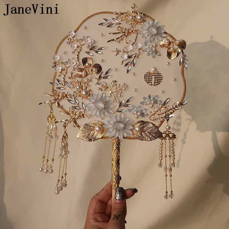 Janevini Luxury Ice Blue Bridal Fan estilo chinês Crystal Pearls Madeir