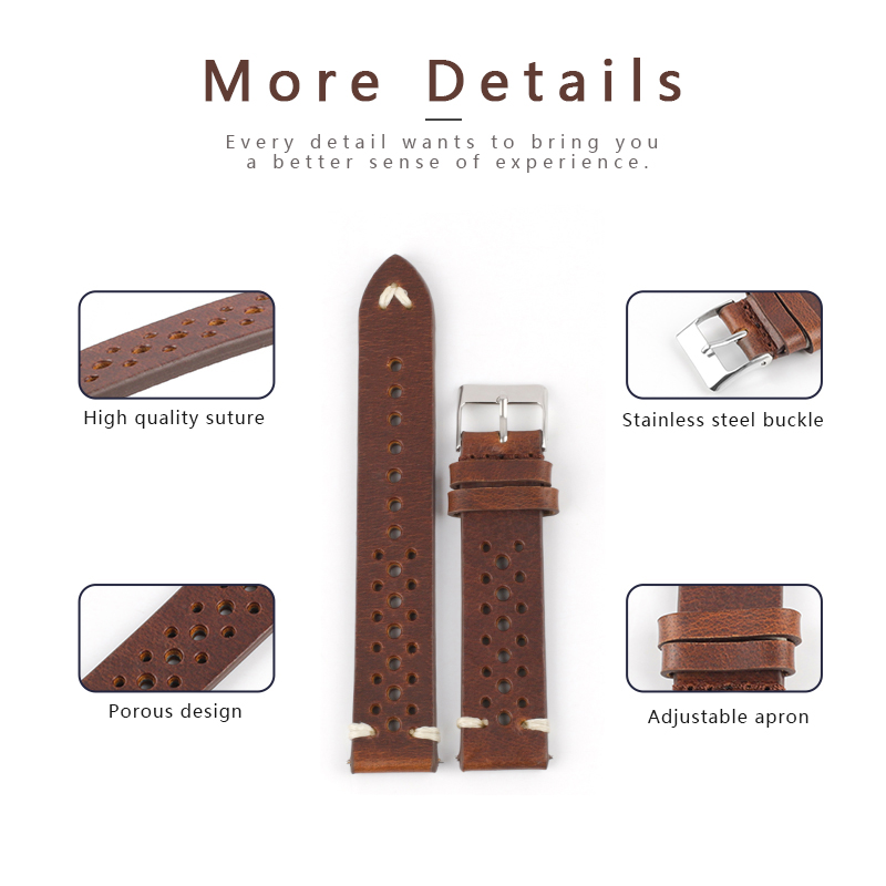 Handgjorda oljevax Retro Crazy Horse Leather Watchband 17mm 18mm 19mm 21mm Bortable Watch Strap Hand Stitching Leather Strap