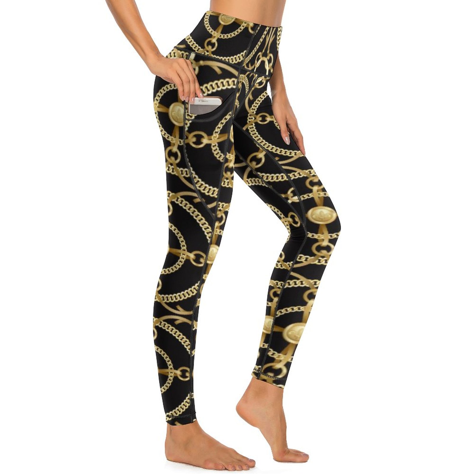 Calça de ioga com estampa de corrente dourada com bolsos círculos fêmeas perneiras de arte alta cintura de ioga fofa meias esportivas