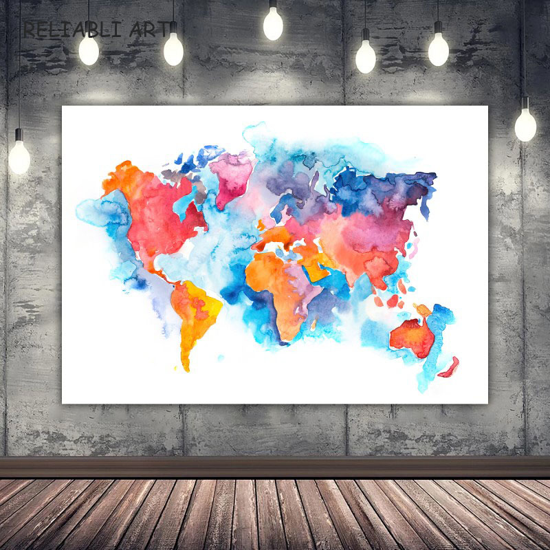 Moderne Gekleurde Mapa mundial Mapa de arte de pared en estampados de imprenta Canvas Schilderij Voor Woonkamer Decoración del hogar sin marco