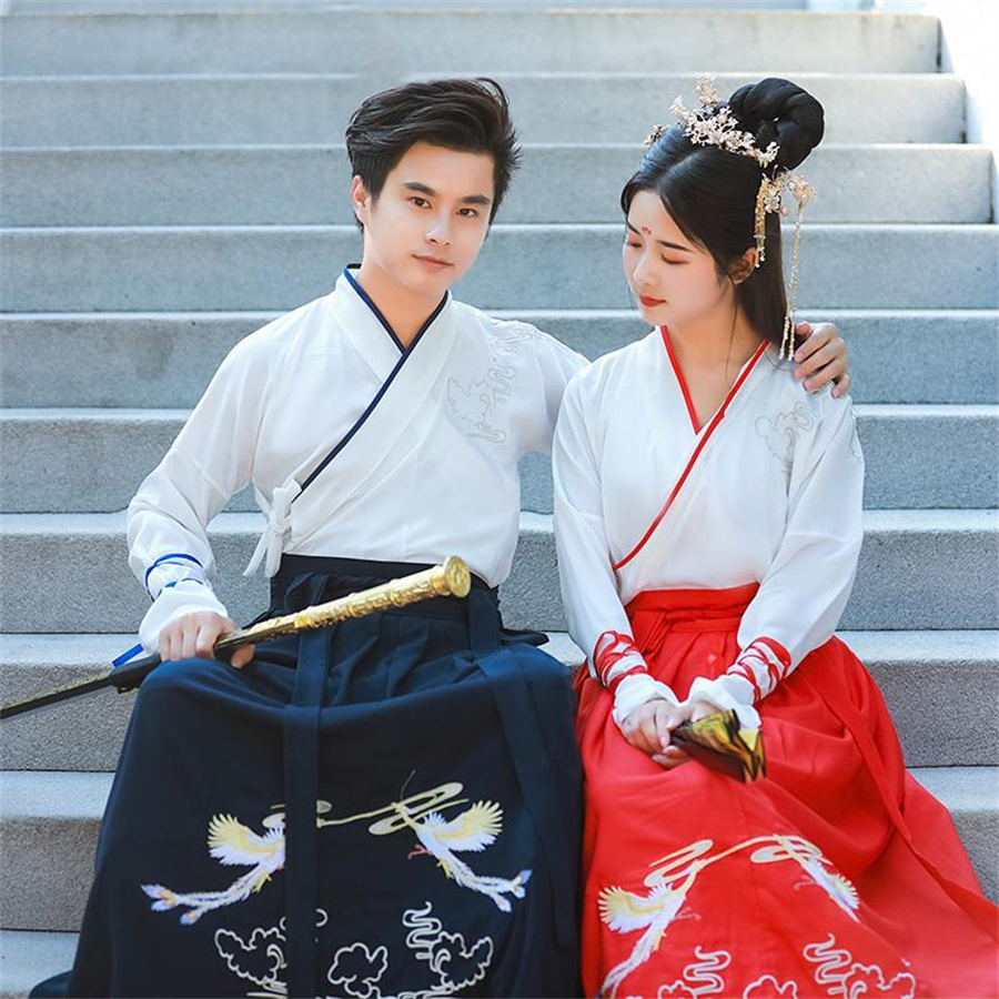 Unisex Adult Martial Style Hanfu Female Traditional Chinese Clothing Cross-Collar Han Suit Male Ancient Cosplay Couple Costume