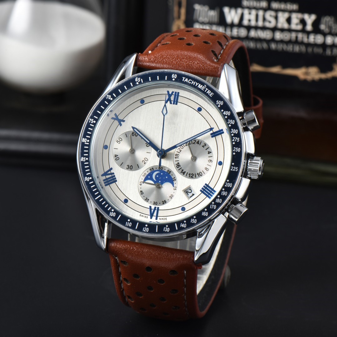 2024 Top Fashury Fashion Men's Watch و Metal Panel Round Round Dial بثلاثة أسنان يعرض التقويم ومرحلة القمر في Quartz Men's Watch Omg Leather Strap أو Stele Strap