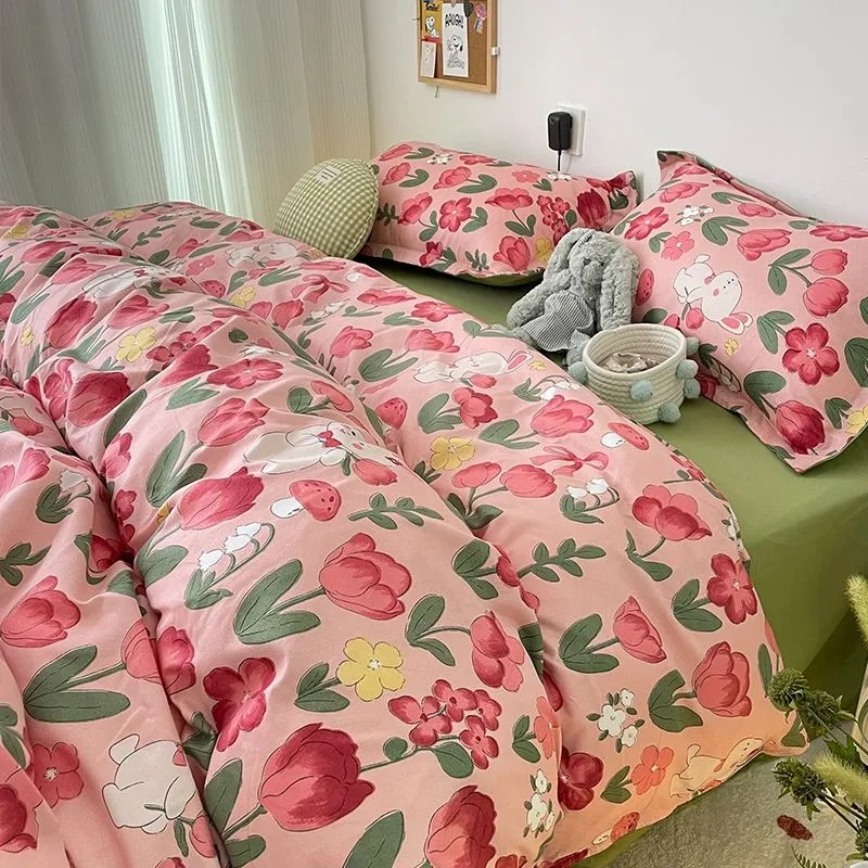 INS Pink Tulip Bianchestro Set di piumini floreali Foglio piatto con federe senza ripieno singolo Queen Size Boys Girls Bed Linen