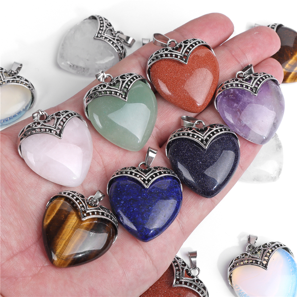 Vintage Heart Shape Stone Pendant Amethysts Lapis Lazuli Quartzs Charms For Jewelry Making Earrings Necklace Handmade DIY 