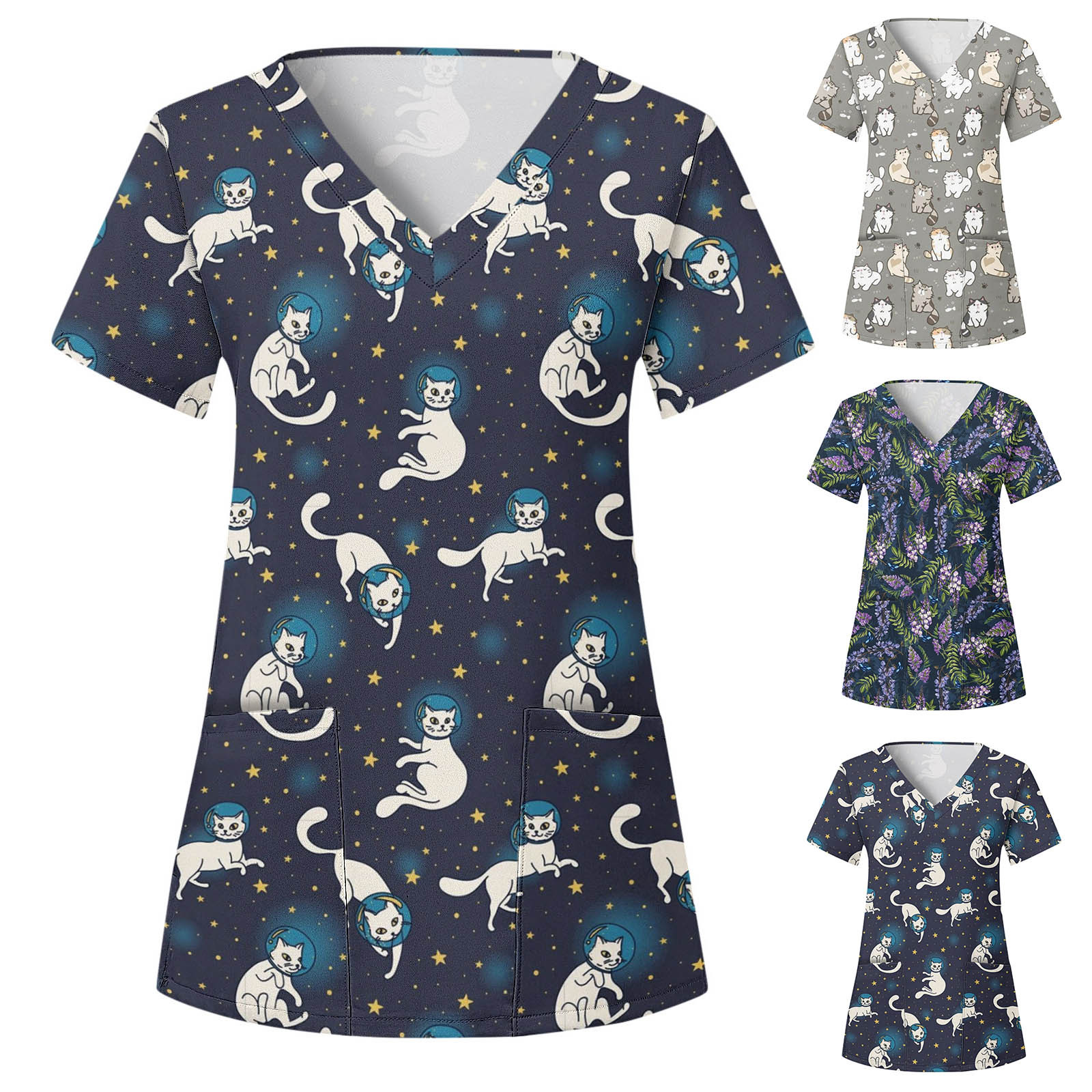 Frauen Katzen Tierdrucke Krankenschwester Uniform Kurzarm Arbeiten Overalls Bluse Peelings Pflegezubehör Uniformen Peeling Tops