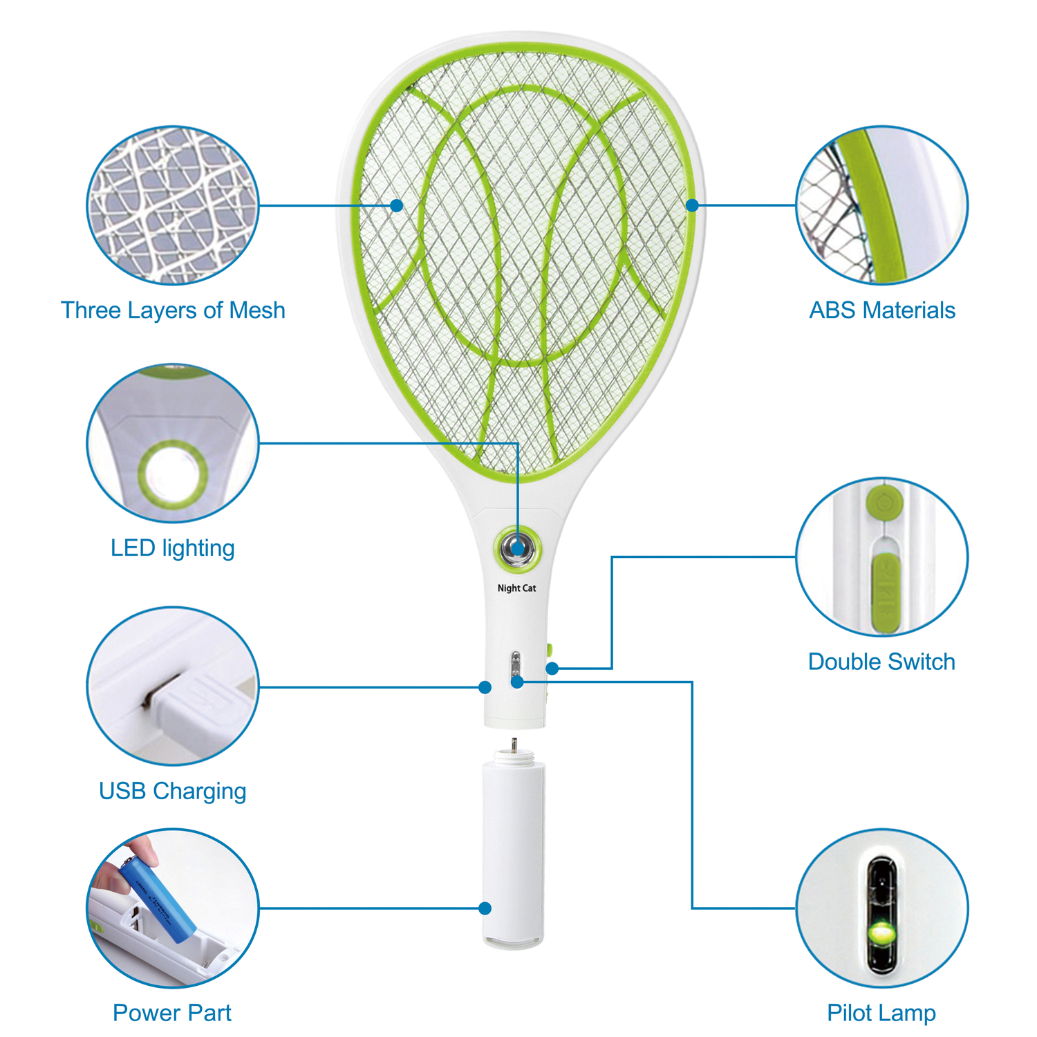 Night Cat Bug Zapper Racket Electric Fly Swatter Racquet Mosquito Electronic Mosquito Killer avec un éclairage LED de chargement USB