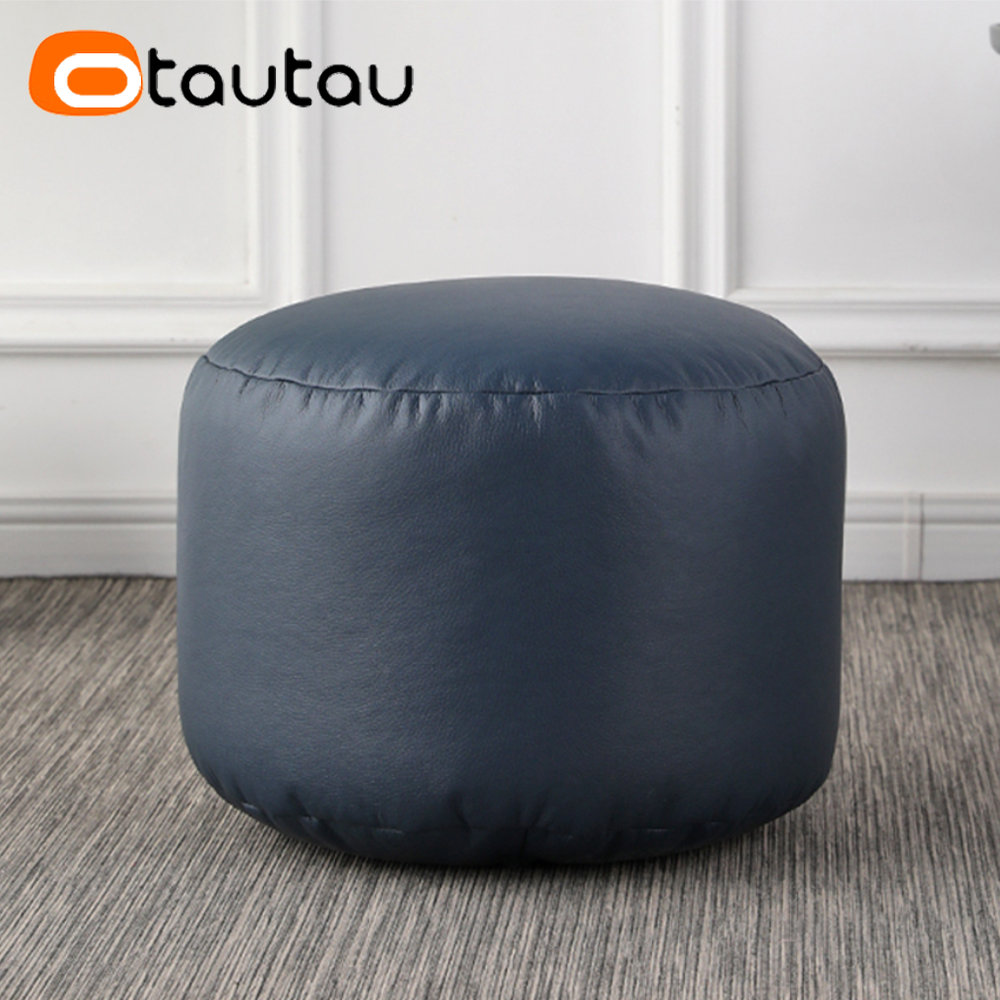 OTAUTAU Size M Big Round Faux Leather Ottoman Stool Beanbag Pouf Footstool Stuffed Bean Bag Footrest Floor Corner Seat Puff