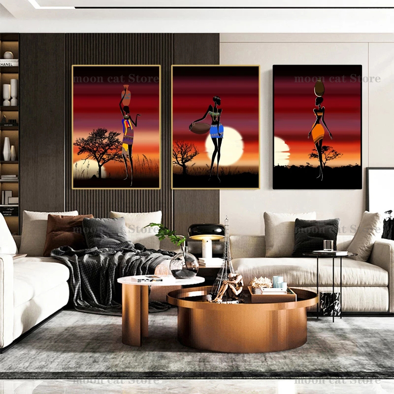 Abstrakte afrikanische schwarze Stammes Frauen Sonnenuntergang Poster Leinwand Malerei Afrika Landschaft Drucke Wandkunst Bilder Home Decor Geschenk